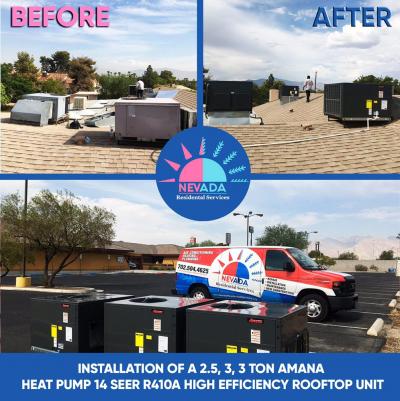Installation of a 2.5, 3 and another 3 ton Amana Heat Pump Rooftop Units in Las Vegas, Green Valley
