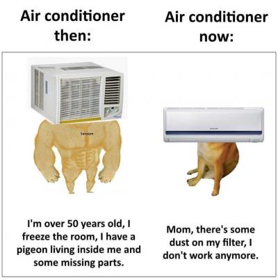 Old vs. new air conditioners: from a freezing beast to a delicate prince.